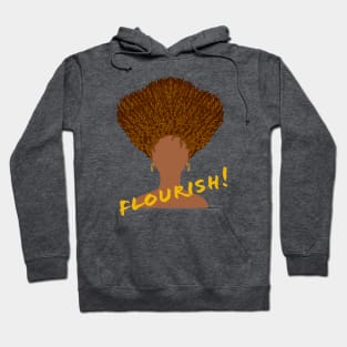 Flourish! Natural Hair Upward Curly Afro with Gold Earrings and Gold Lettering (Purple Background) Hoodie